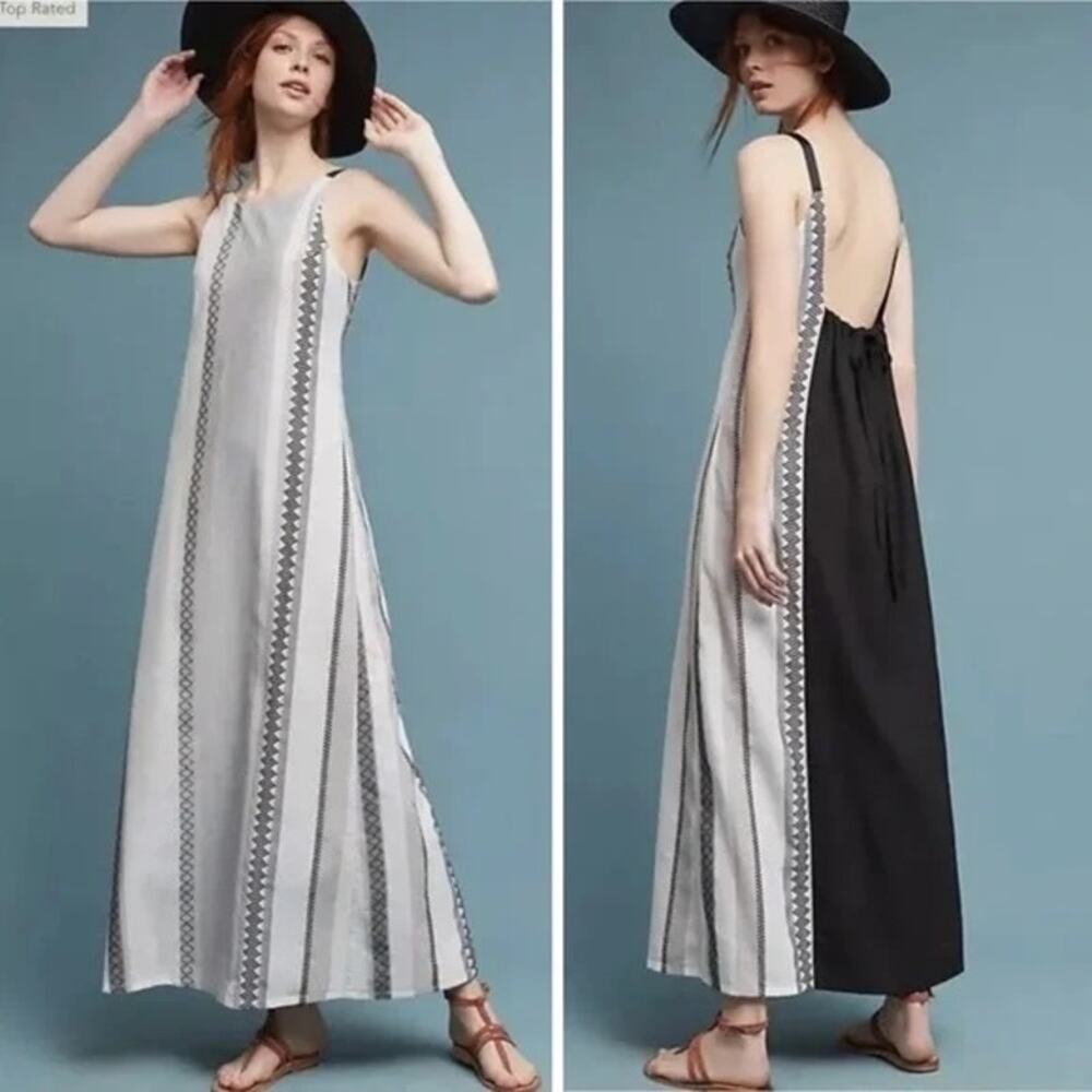 Anthropologie The Odells Esmera Grey Textured Stripe Maxi Dress Medium Petite MP